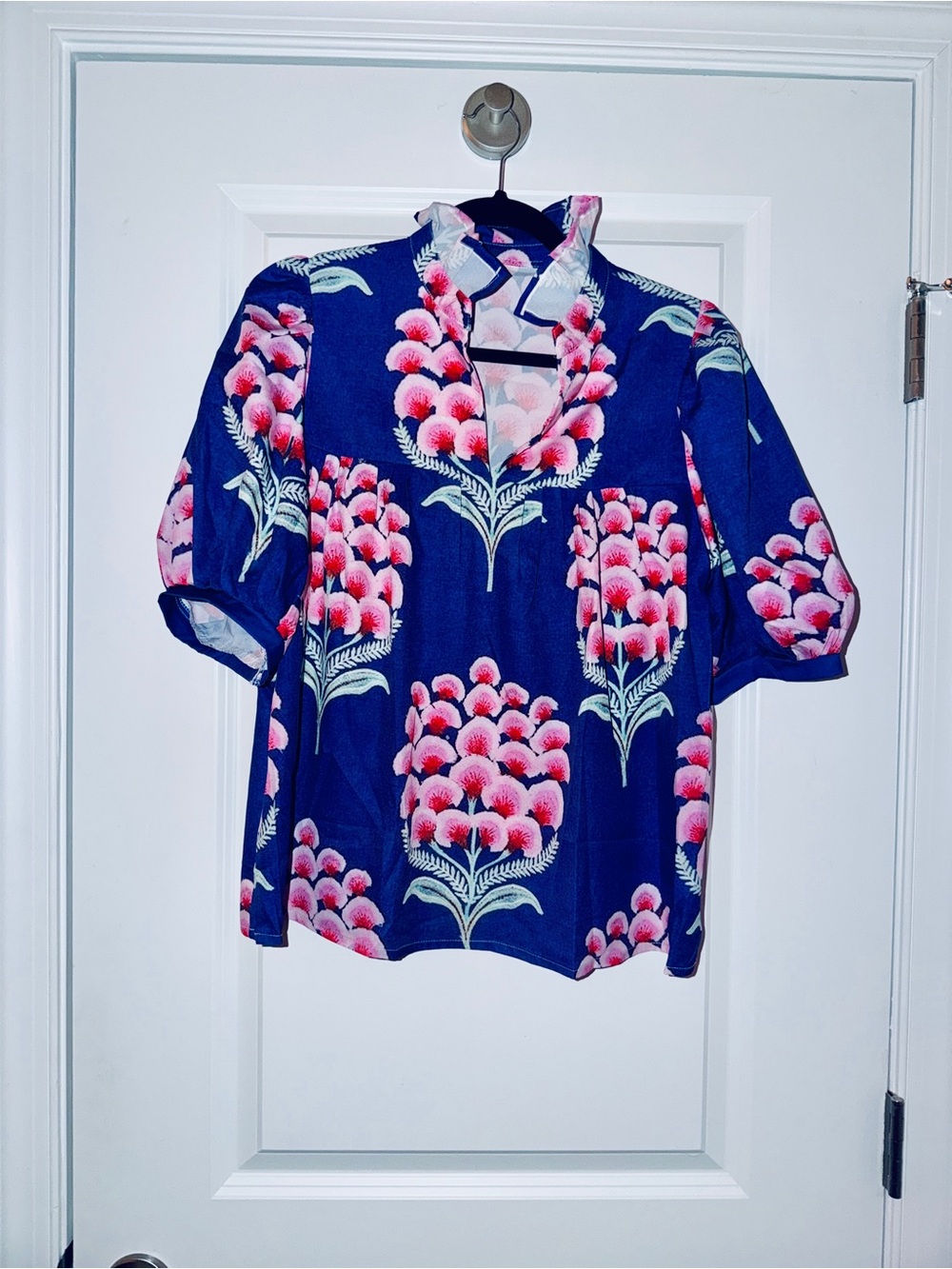 Women's Floral Popover Top - Blue and Pink